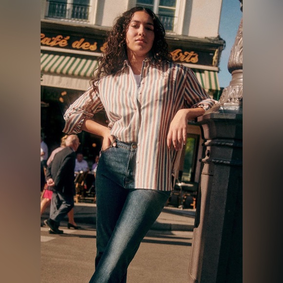 Sézane Max Shirt in Blue Ecru Burgundy Stripes FR 42 / US 10 - Picture 7 of 16